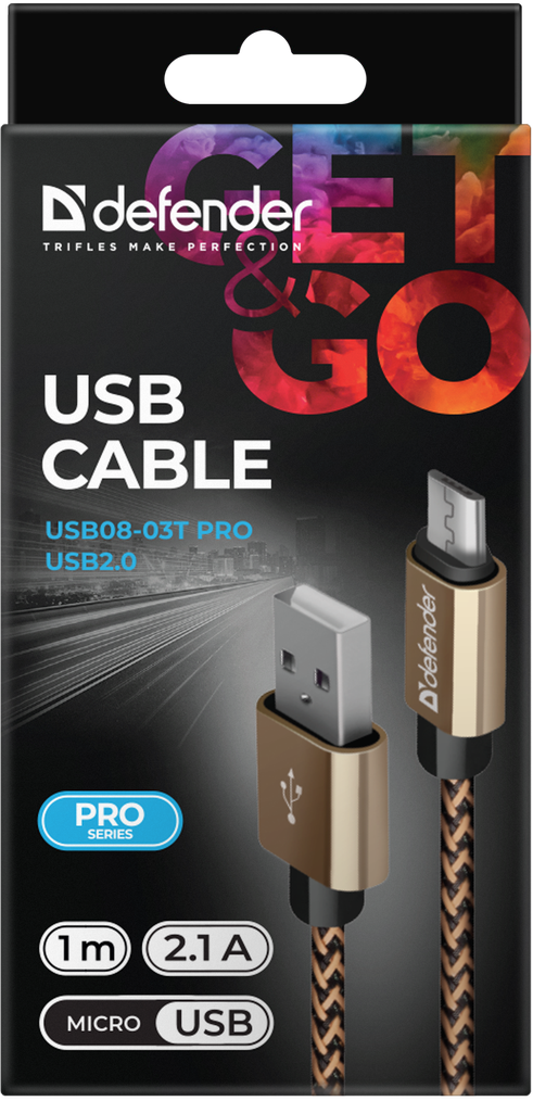 Cablu Date Micro Usb Defender USB08-03T PRO 2.1A 1m Auriu