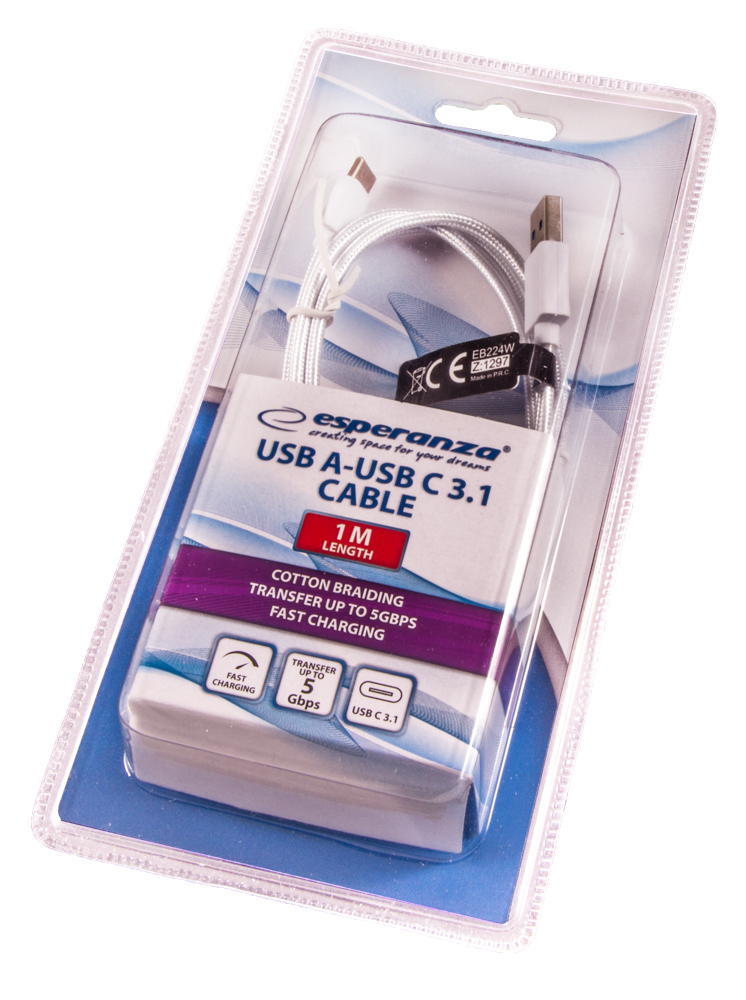 Cablu USB 3.0 tip A la type C 3.1 ESPERANZA ALB - 1M