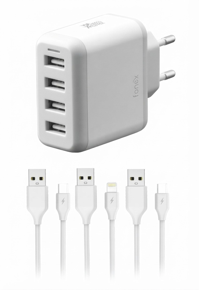 Kit incarcator retea cu 4 porturi USB si 3 cabluri FONEX  